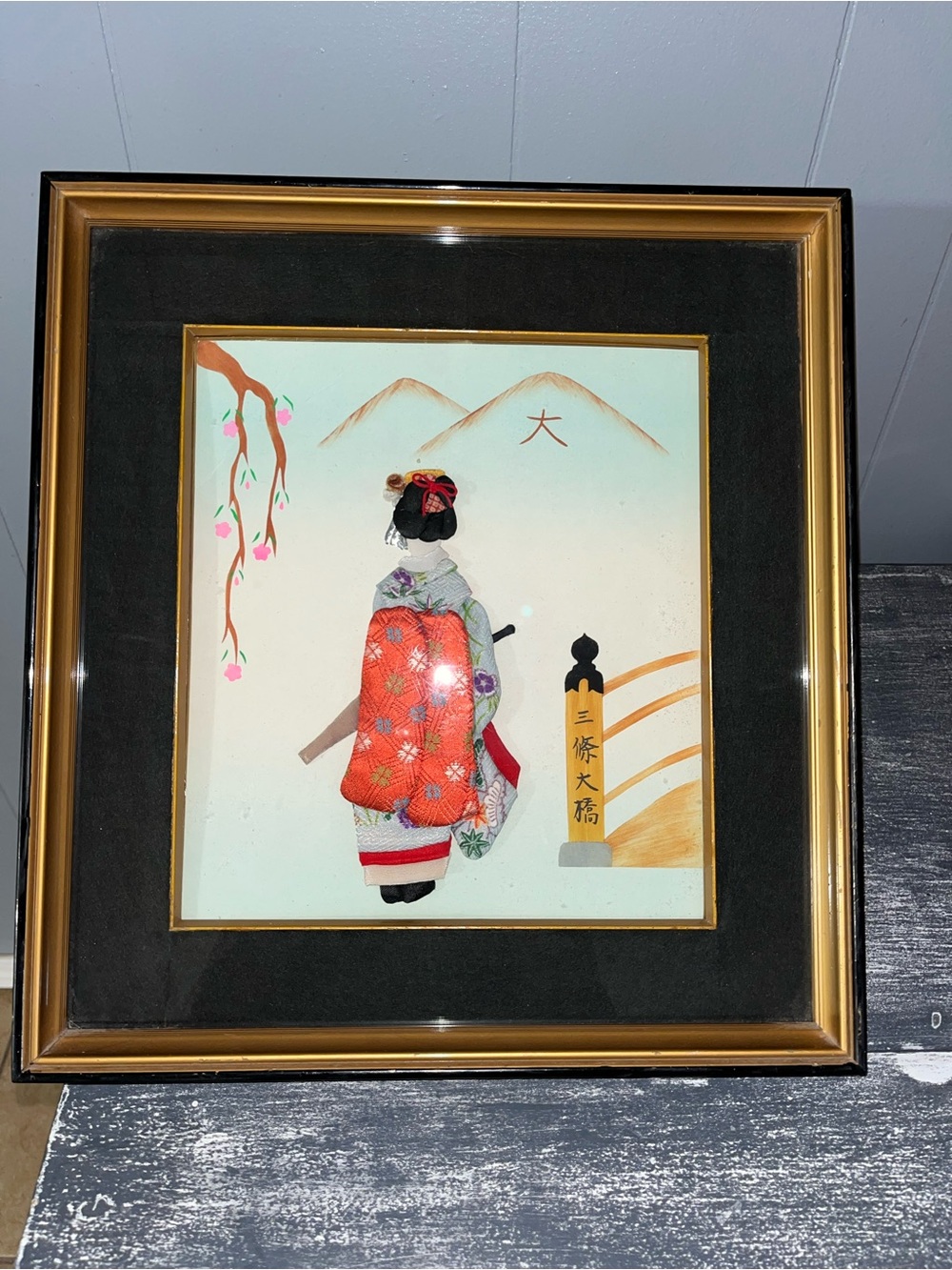 Framed Asian Geisha Textile Art in Red and Black